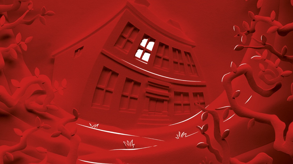 Rotes Haus mit einem weißen Fenster auf rotem Hintergrund