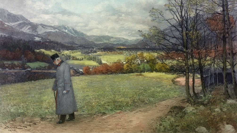 PICTUREDESK.COM/ÖNB-BILDARCHIV/WILHELM GAUSE Kaiser Franz Joseph I, auf dem Morgenspaziergang im Jainzental in Bad Ischl, Gemälde (Ausschnitt)