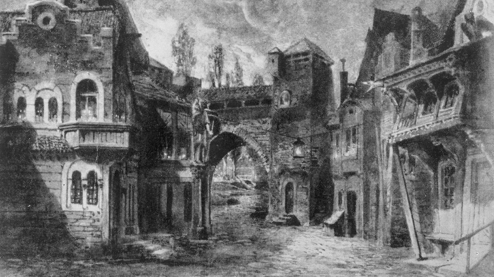 Dekoration von Anton Brioschi zu "Feuersnot" von Richard Strauss. Wiener Hofoper, 1902