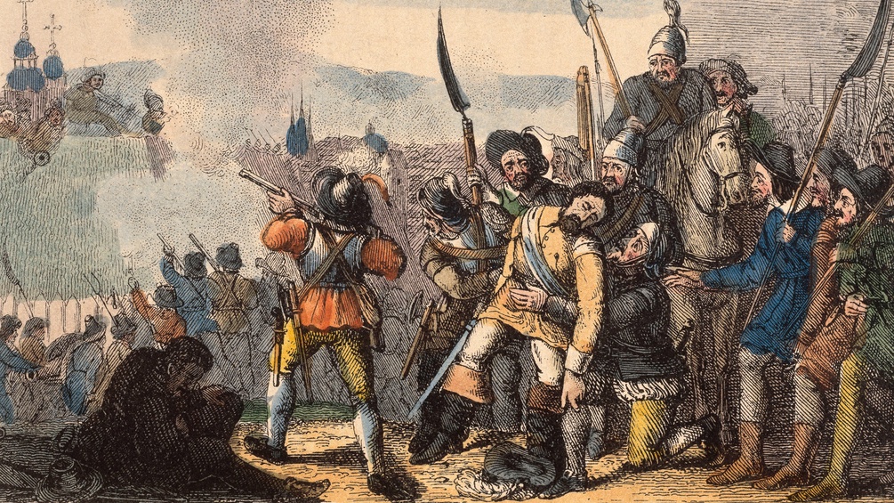 "Die österreichischen Bauern vor Linz. Fadinger, ihr Anführer Oberösterrischer Bauernkrieg 1625-26", Federlithografie (Ausschnitt) 