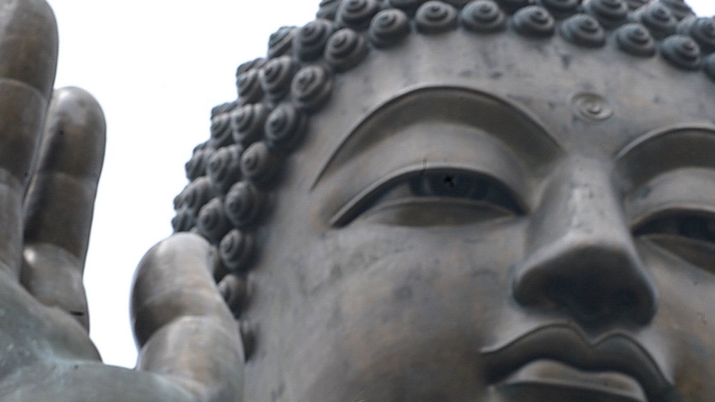 Ein Buddha Kopf und seine Hand sind im Bild.