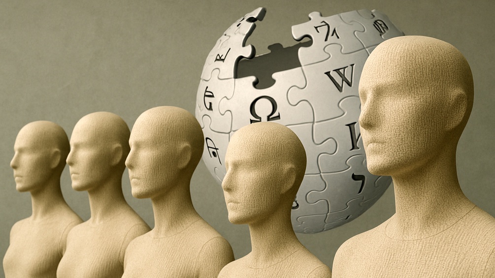 DALL-E Gesichtslose Schaufensterpuppen mit Wikipedia-Puzzle-Ball im Hintergrund, Erstellt mit Hilfe von ChatGPT (DALL·E von OpenAI)
