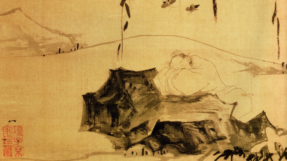 Zhuangzi träumt von einem Schmetterling, Tusche auf Seide