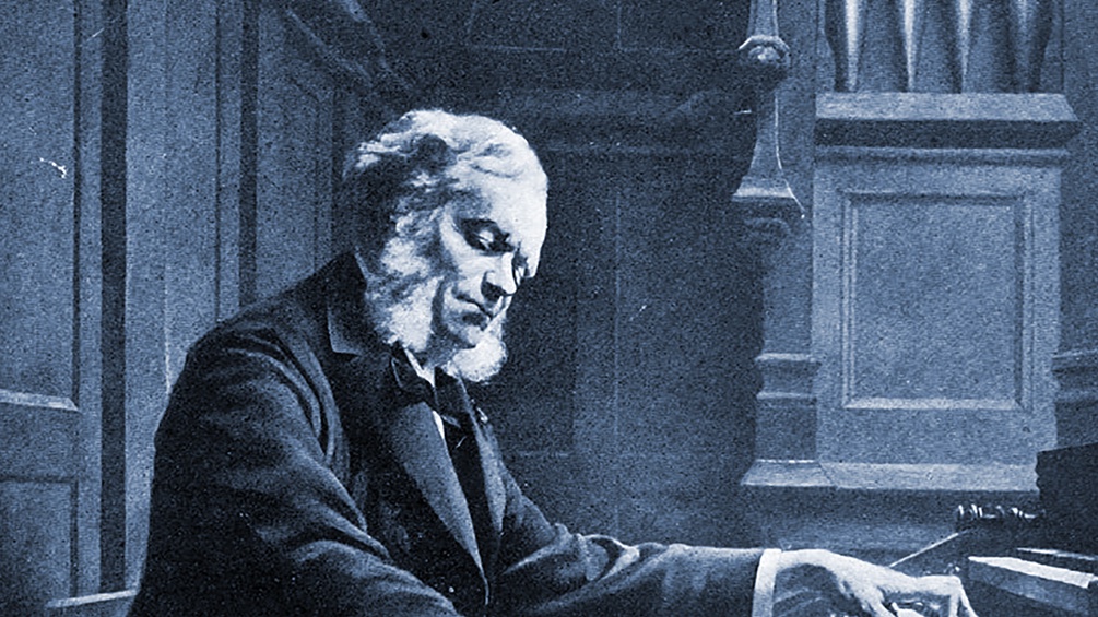 César Franck an der Orgel von Ste-Clotilde, Zeichnung von Jeanne Rongier