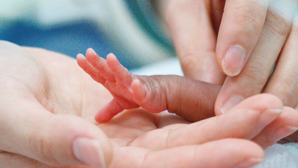 Ärmchen eines Frühgeborenen in einer Erwachsenenhand