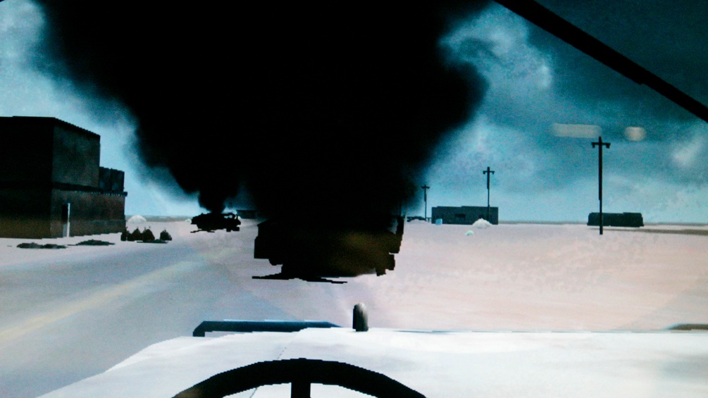 Eine virtuelle Nachstellung von brennenden Panzern