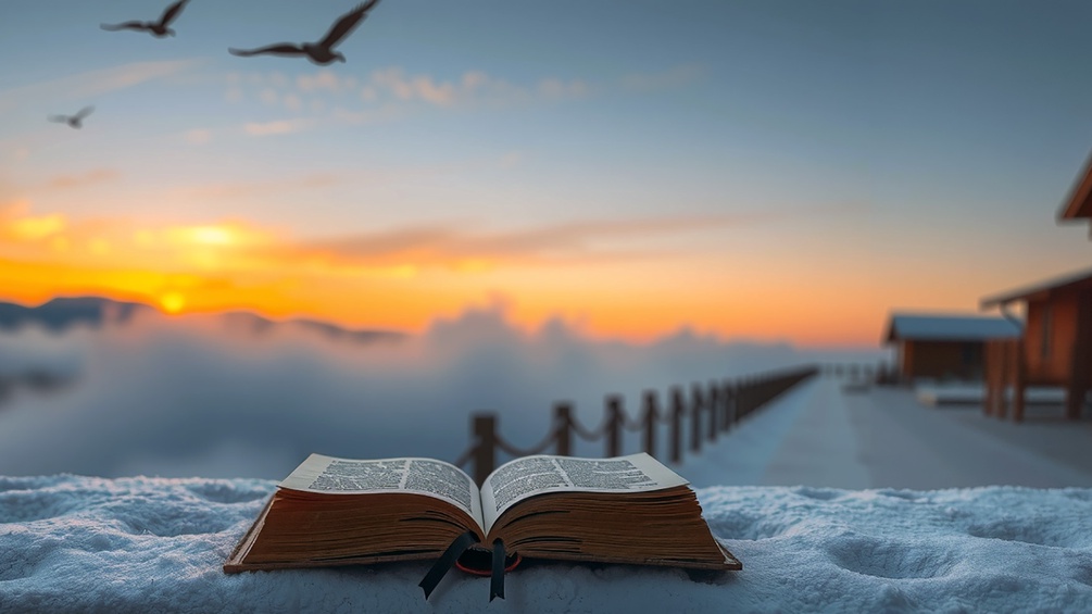 KI-generiertes Bild mit einem Buch, Schnee und Sonnenaufgang