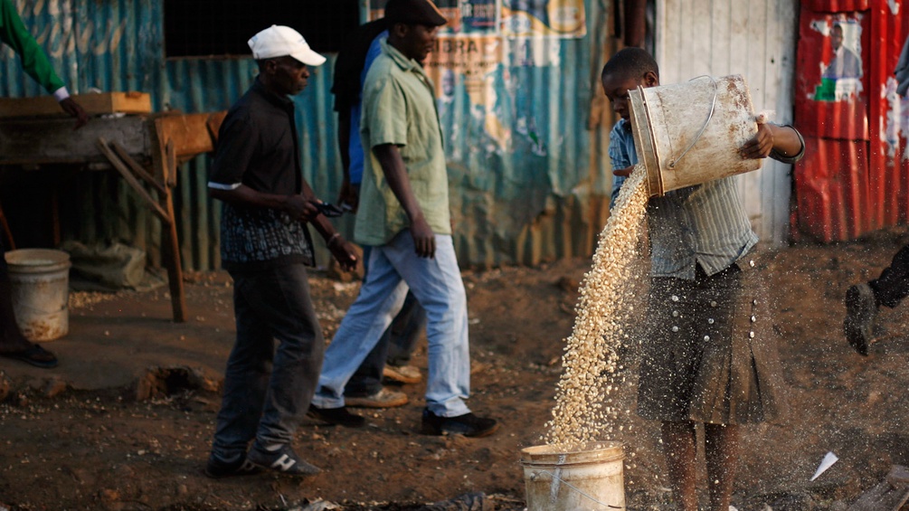 Frau in Kenia leert Mais aus