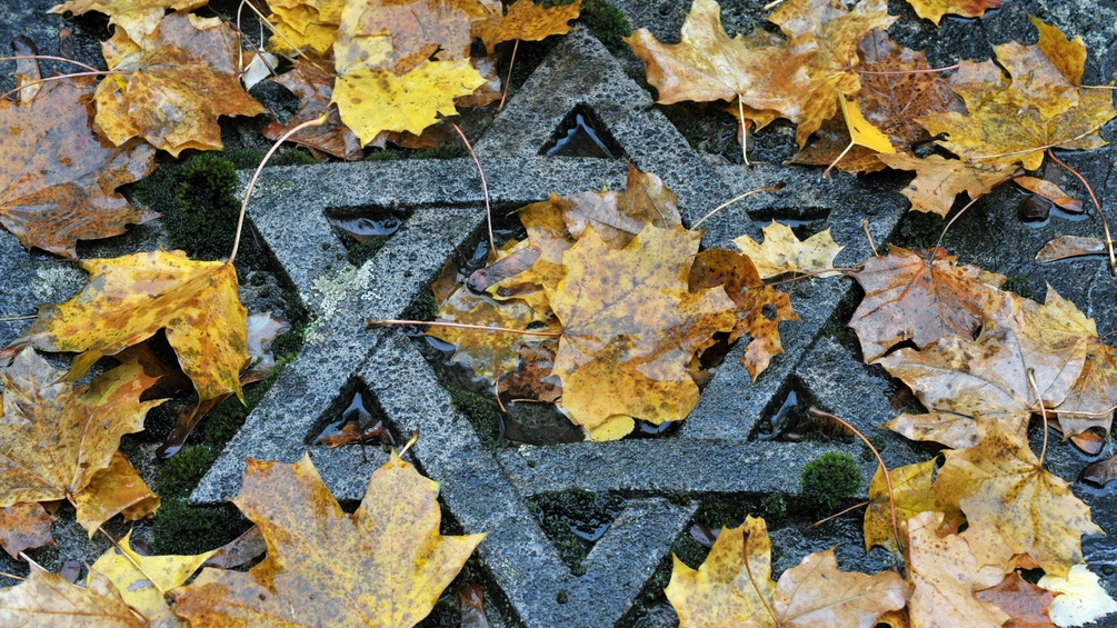 Herbstlaub auf einem Grab mit dem Davidstern