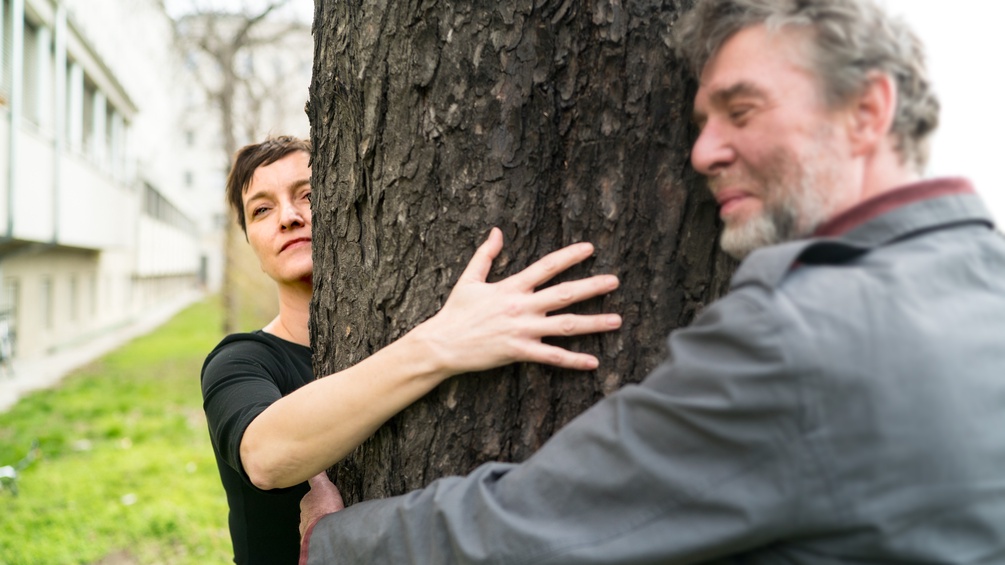 Zwei Menschen umarmen einen Baum