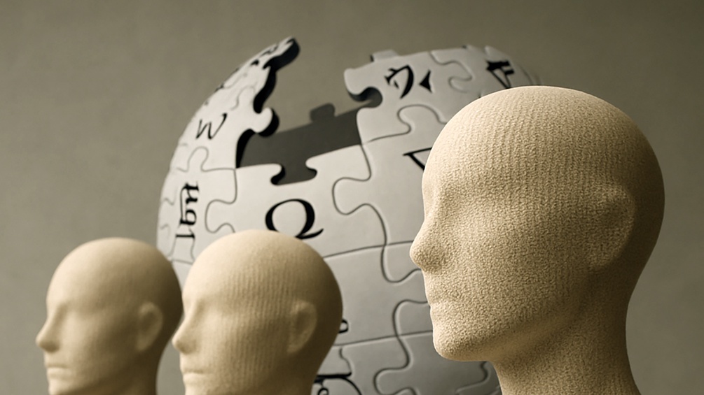 Gesichtslose Schaufensterpuppen mit Wikipedia-Puzzle-Ball im Hintergrund, Erstellt mit Hilfe von ChatGPT (DALL·E von OpenAI)