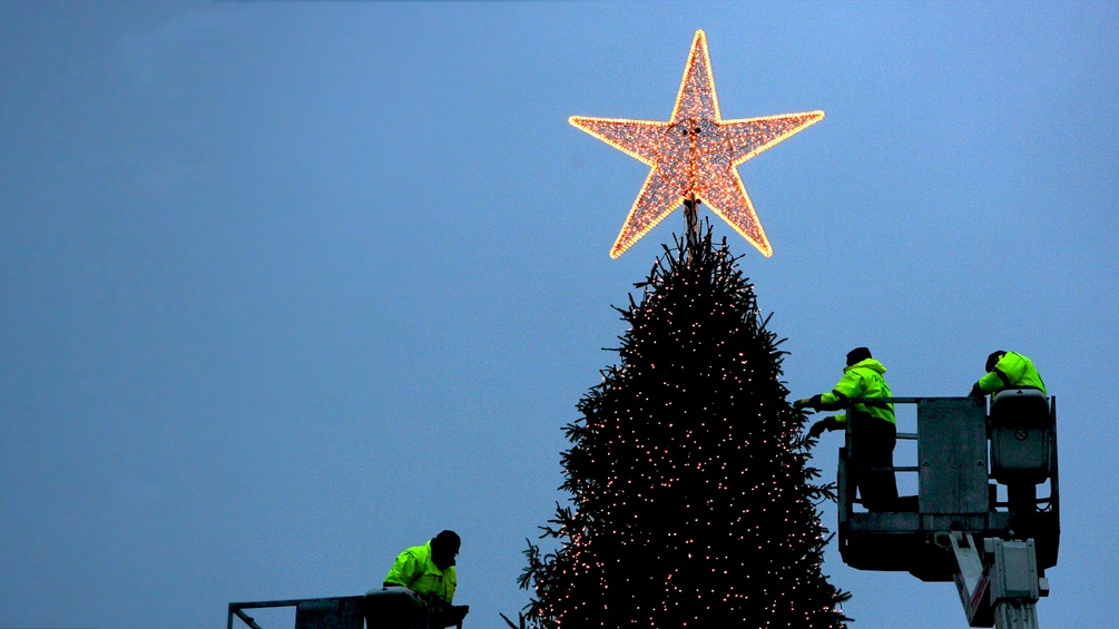 APA/DPA/A2836 CARSTEN REHDER Arbeiter an einem Weihnachtsbaum