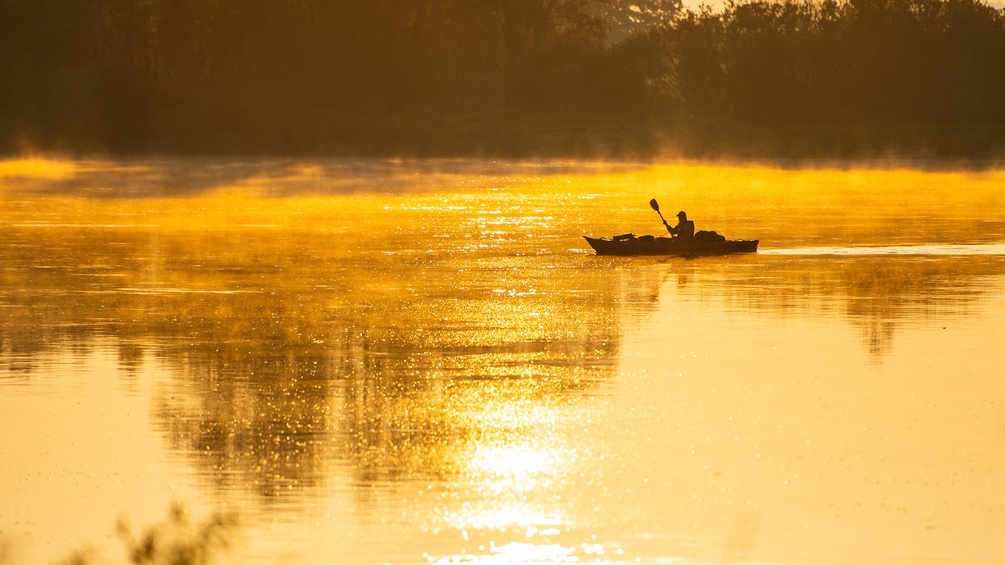 Ein Kanufahrer paddelte bei Sonnenaufgang auf der Elbe.