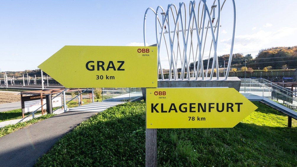 Zwei Wegweiser weisen nach Graz und Klagenfurt.