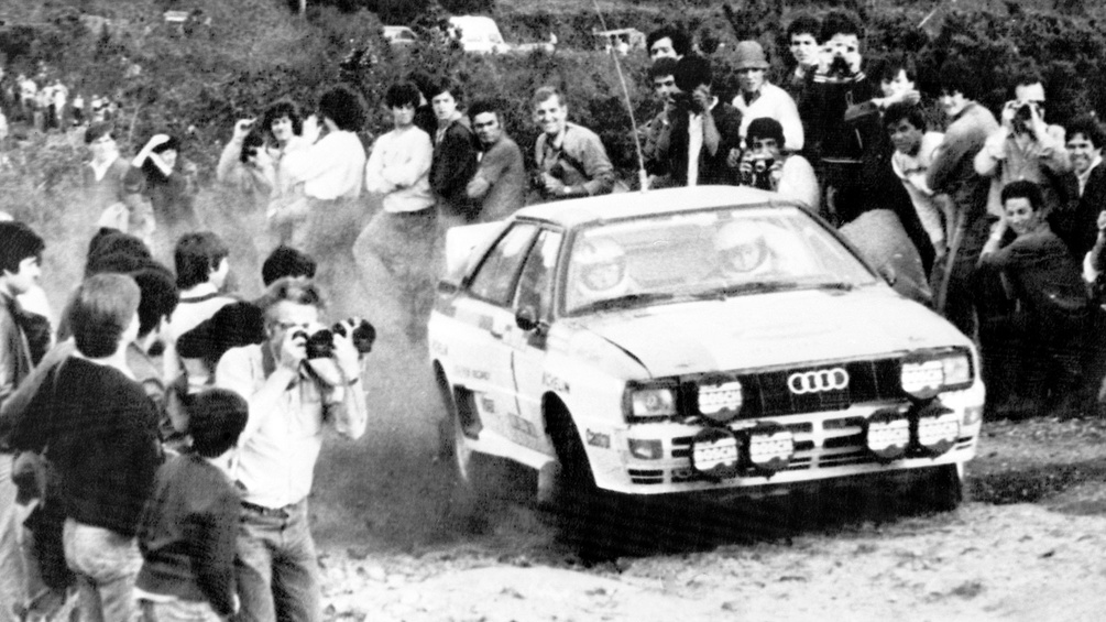 Ein Audi Quattro während einer Rallye, 1983