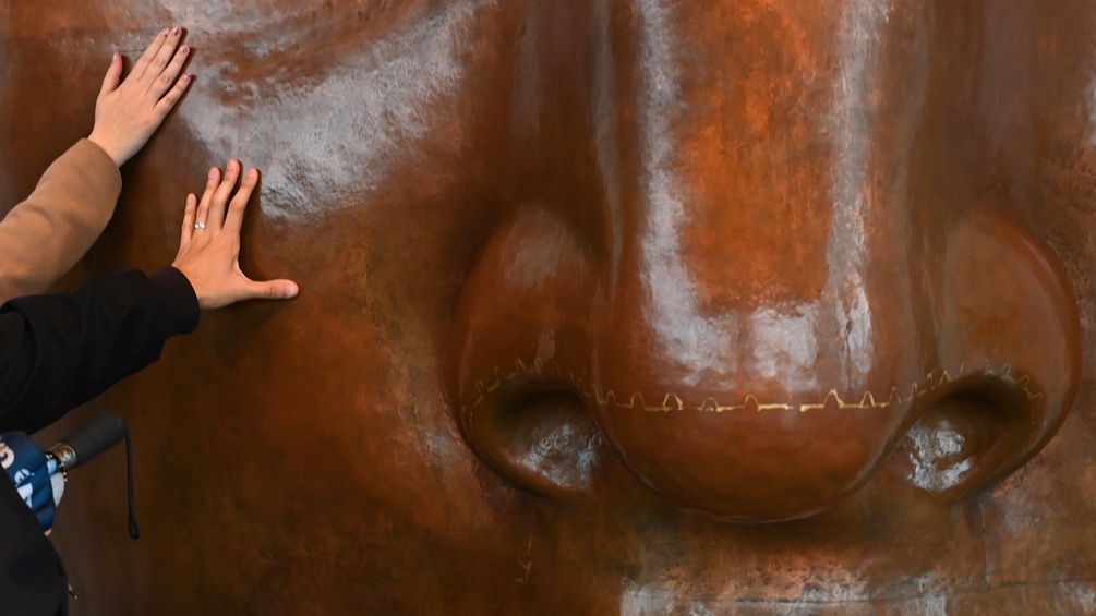 Zwei Hände berühren eine riesige Skulptur eines Gesichtes.