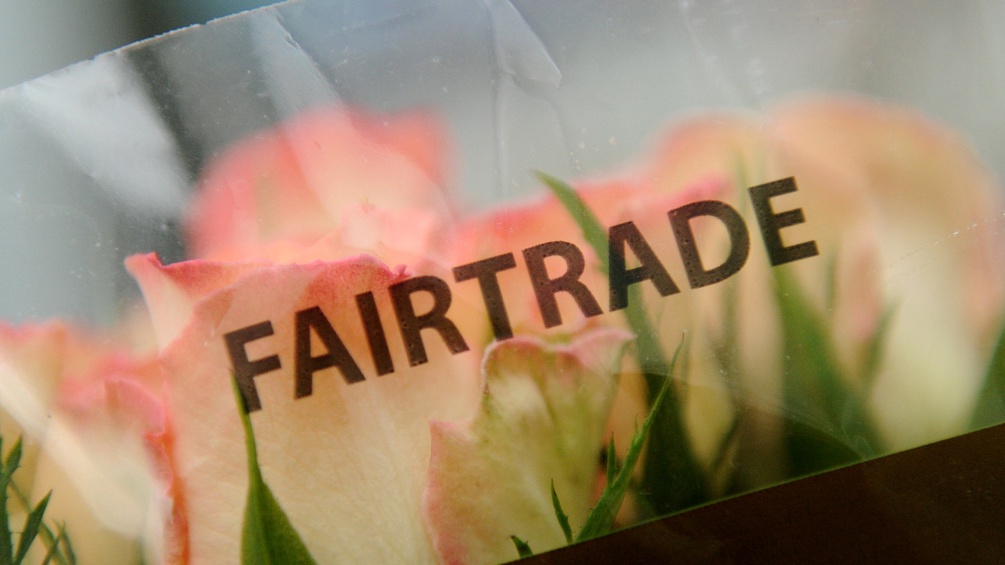 Schnittblumen mit Fairtrade Beschriftung.