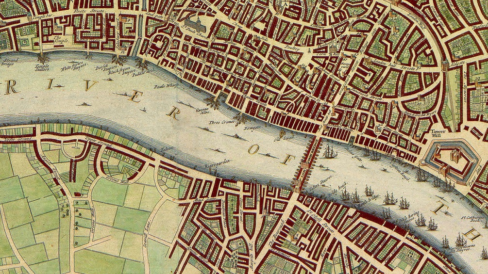 Historischer Stadtplan Londons mit der Themse im Zentrum