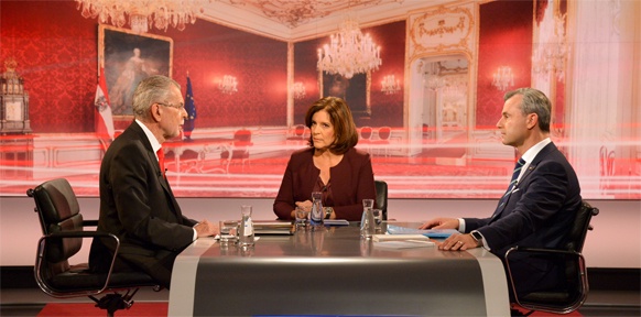 Alexander Van der Bellen, INgrid Thurnher und Thomas Hofer im Wahlstudio