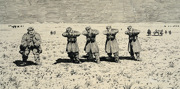 Soldaten auf einem Feld, Zeichnung