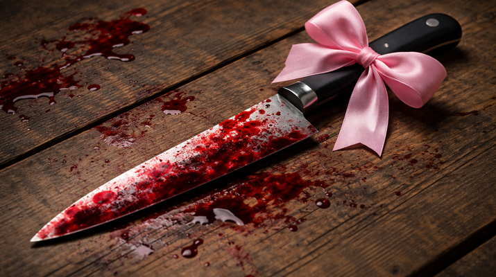 KI-generiertes Bild: blutiges Messer mit rosafarbener Masche