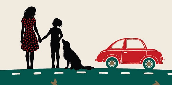 (C) ROWOHL VERLAG Scherenschnitt ähnliches Bild: Frau mit Kind, Hund und Auto (Ausschnitt des Buchcovers)