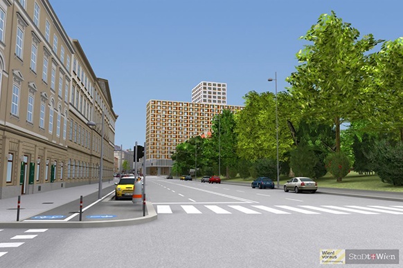 Blick auf das geplante Hochhaus beim Wiener Eislaufverein, Fotomontage
