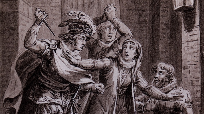 Historisches Szenenbild: Leonore wirft sich zwischen Don Pizarro und Florestan