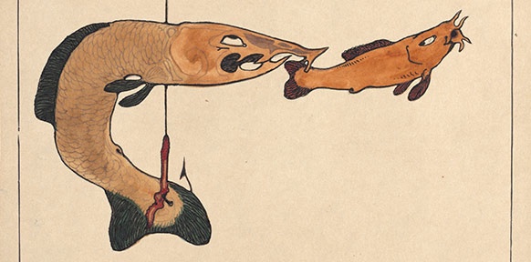 Zwei Fische, einer am Haken