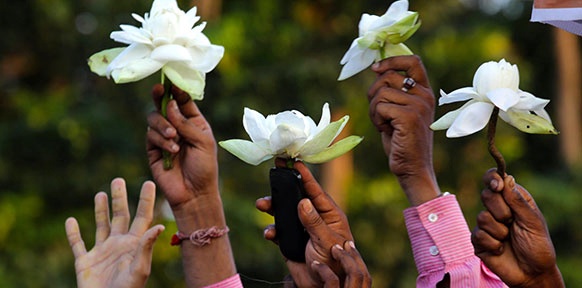 Wähler der BJP-Partei halten weiße Lotusblüten in die Höhe