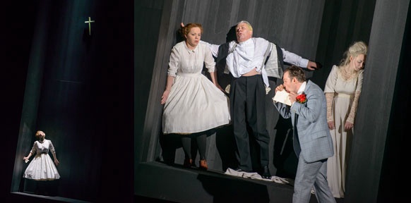(C) APA/GEORG SOULEK/BURGTHEATER Szenenfoto: Frau auf dunkler Bühne/Menschen in einer Box/Montage