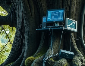 KI-generiertes Bild: Dicker alter Baum mit Computermonitoren 