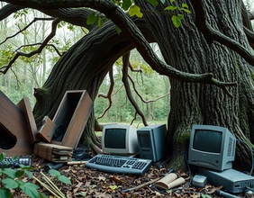 KI-generiertes Bild: Ein alter Baum mit Wurzeln und altem Computer(zubehör)