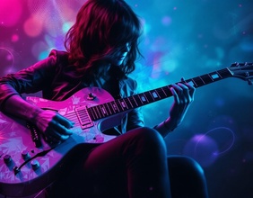 Künstliches erzeugtes Bild: Eine junge Frau spielt Gitarre
