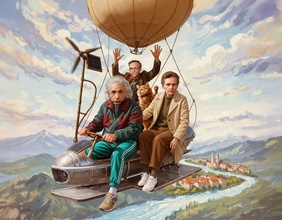 Grafik: Einstein, Schrödinger und Meitner in einem Heißluftballon