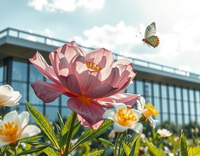 KI-generiertes Bild: Blumen, Schmetterlinge und Konzerngebäude