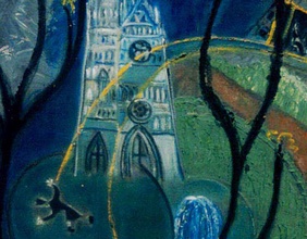 Ausschnitt aus einem Gemälde von Lola Carr: Es zeigt die Votivkirche, auf der eine Österreich-Fahne weht.