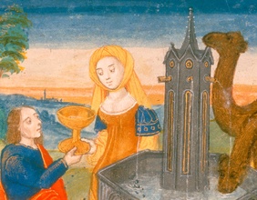"Rebekka und Eliezer am Brunnen", Buchmalerei (Ausschnitt), Kelchquelle