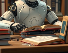 KI-generiertes Bild: Ein Roboter sitzt am Tisch mit Büchern