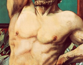 Ausschnitt eines Plakats aus dem Jahr 1895: männlicher Oberkörper, Herkules