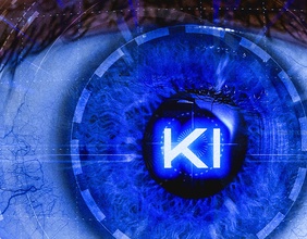 Grafik zur Künstlichen Intelligenz: Schriftzug "KI" in einem auge