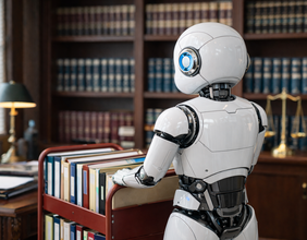 KI-generiertes Bild: Roboter schiebt einen Aktenwagen in einer Rechtsanwaltskanzlei