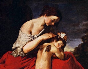 Gemälde von Giovanni Mannozzi, "Venus kämmt Amor"