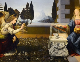 Die Verkündigung Mariae, L’Annunciazione Leonardo da Vinci und Andrea del Verrocchio (Ausschnitt)