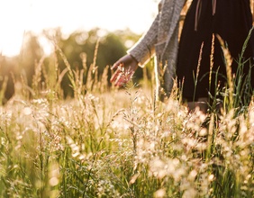 Frau streicht durch eine hohe Blumenwiese