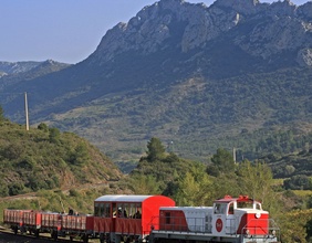 Ein Zug vor den Pyrenäen.