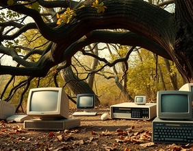KI-generiertes Bild: Ein alter Baum mit Wurzeln und altem Computer(zubehör), Computer-Wald