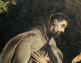 “Heiliger Franziskus im Gebet”, um 1587/96 .(Franz von Assisi, eigentl. Giovanni Bernadone; Heiliger und Ordensstifter; Assisi 1181/82 – ebd. 3.10.1226) Öl auf Leinwand (Ausschnitt)