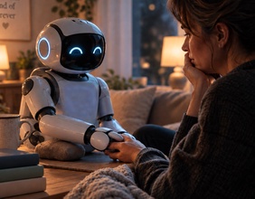 KI-generiertes Bild: Ein kleiner Roboter tröstet eine Frau