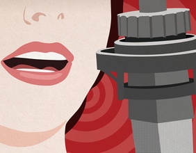 Filmplakat (Ausschnitt); Grafik einer Frau vor einem Mikrofon